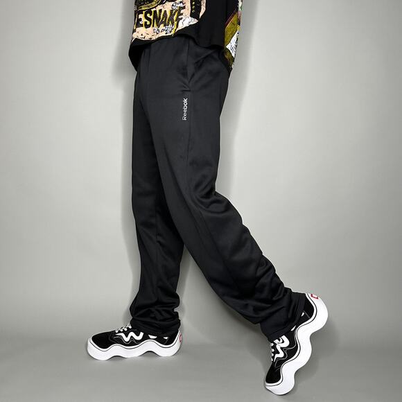 Vintage Y2K Reebok Sweatpants Mens S Baggy Wide Leg Fit Jet Black Grey Polyester - Picture 1 of 4